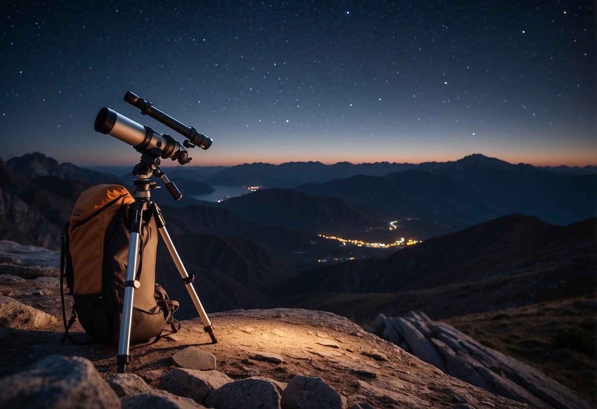 A telescope set up on a rocky mountain peak under a clear night sky, with a backpack, star chart, and warm clothing scattered nearby