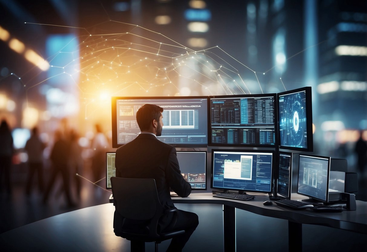 The bustling job market of 2024 with futuristic technology, diverse industries, and a dynamic economy