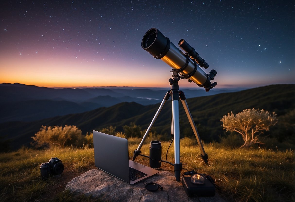 A telescope, camera, tripod, laptop, and remote shutter set up under a starry sky