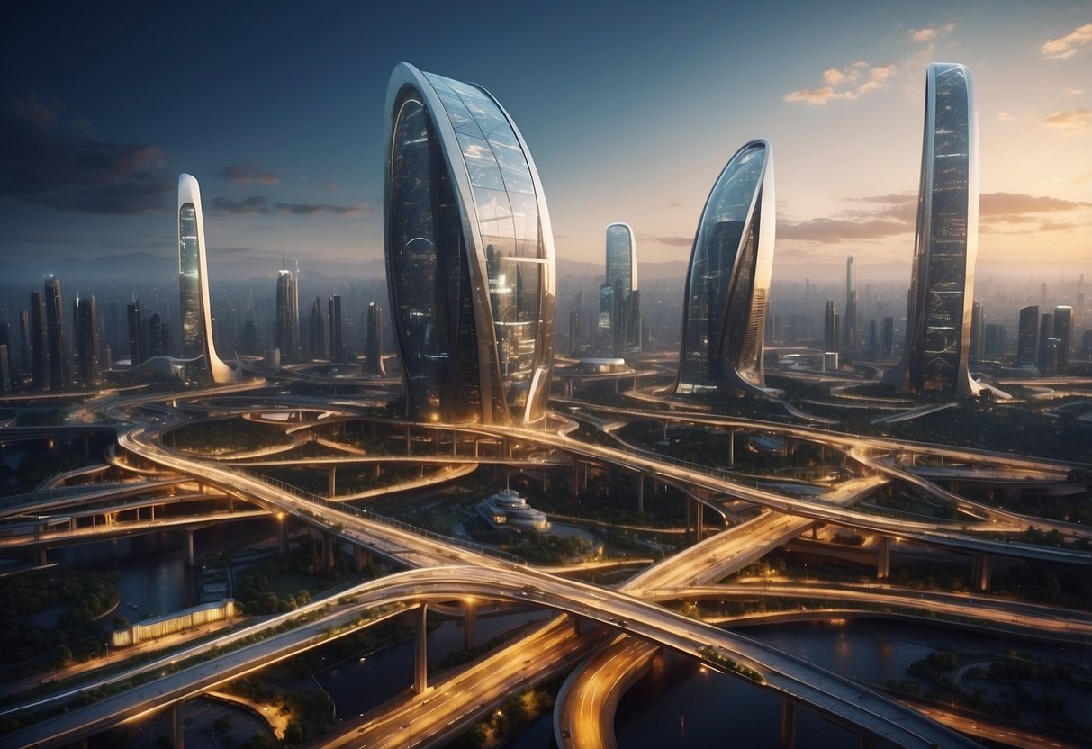 A futuristic cityscape with advanced technology and innovative infrastructure, showcasing the intersection of industry trends and innovation in 2024