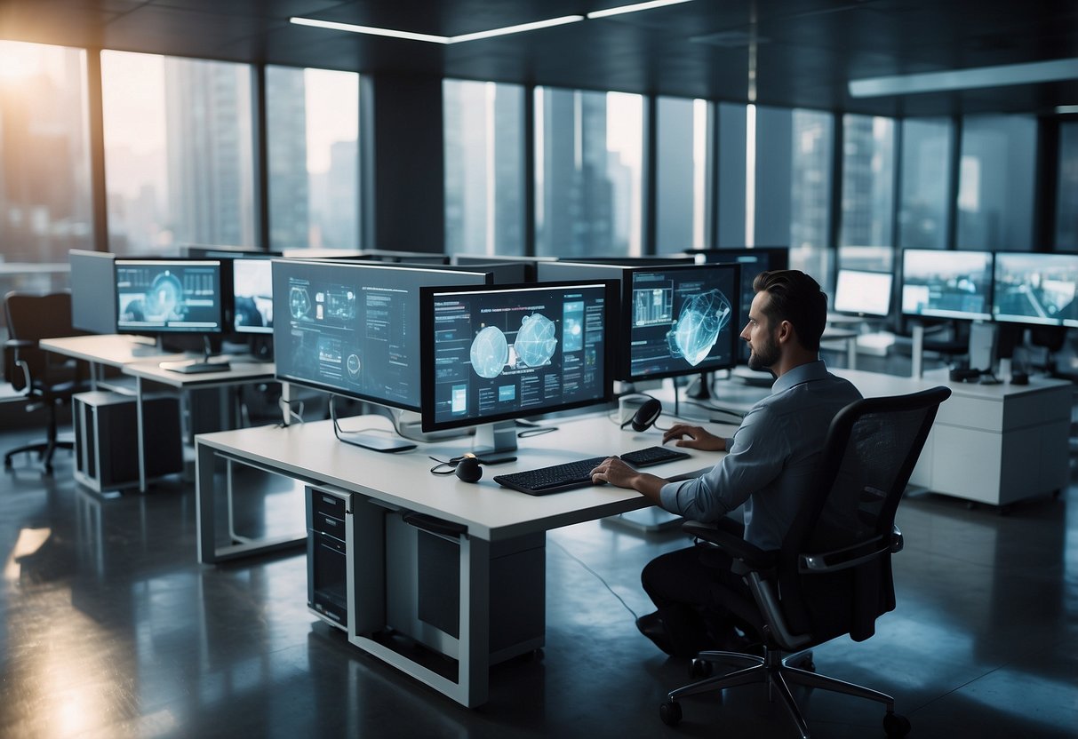 A futuristic office with holographic screens, robot assistants, and employees telecommuting via virtual reality