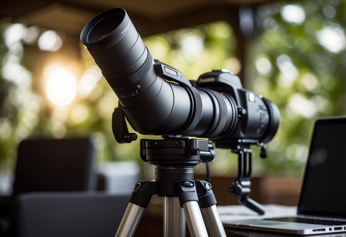 A telescope mounted on a sturdy tripod, a camera with a long lens attached, a remote shutter release, a star tracker for long exposures, and a laptop for image processing