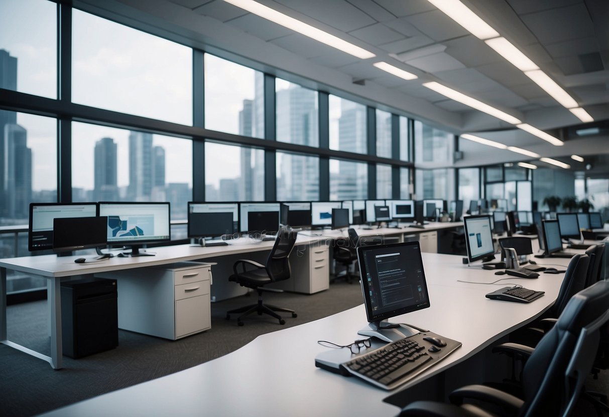 The scene shows futuristic office equipment and technology in a modern workplace setting in 2024