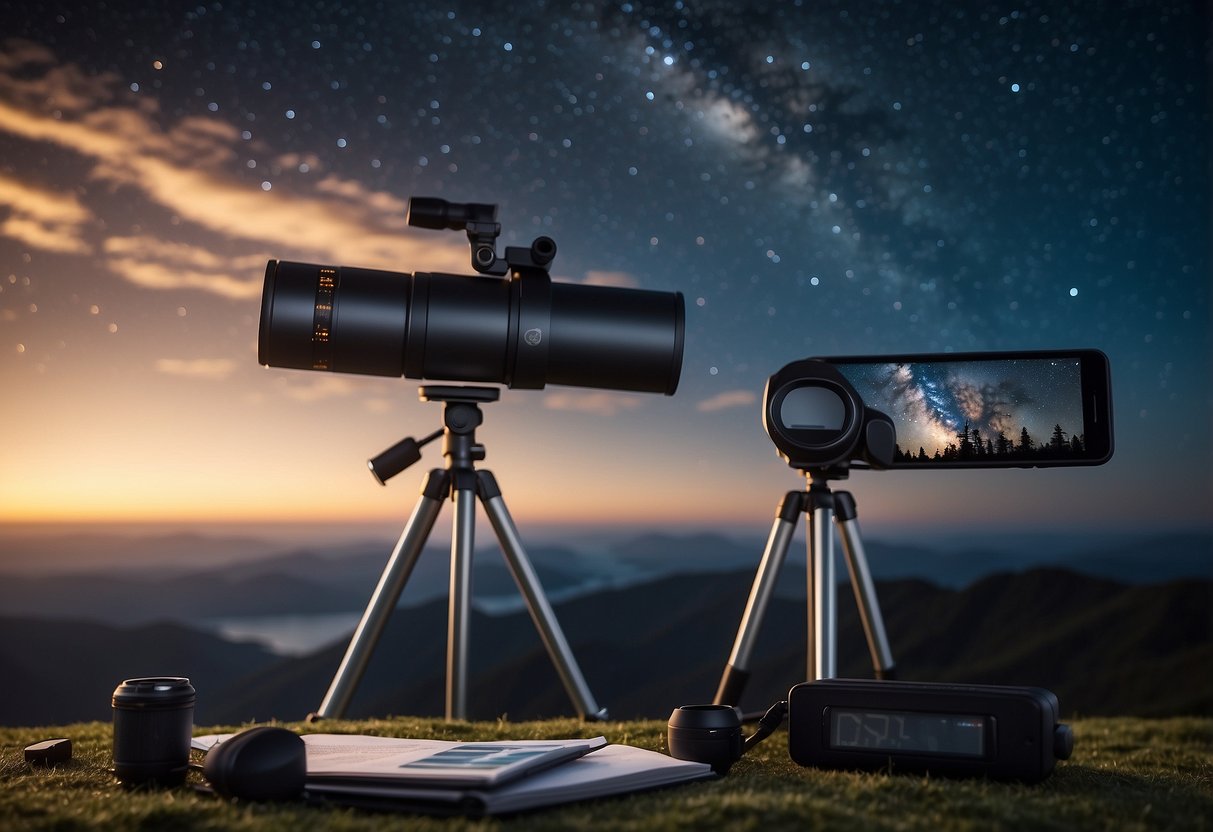 A telescope pointed at a starry sky, with a camera attached. A laptop displaying technical specifications. A smartphone connected to a remote shutter release