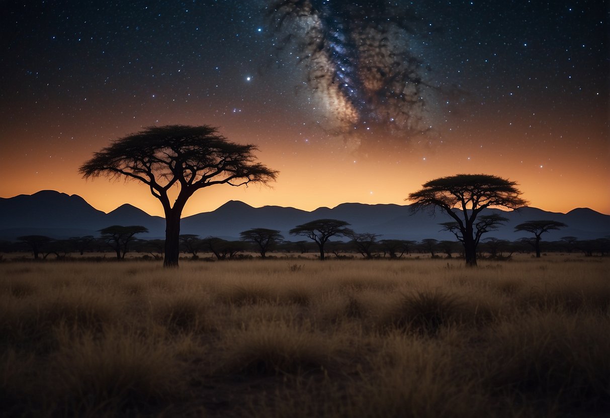 Vast African savannah with clear night sky, stars twinkling above. Silhouettes of baobab trees and distant mountains. Peaceful and serene atmosphere