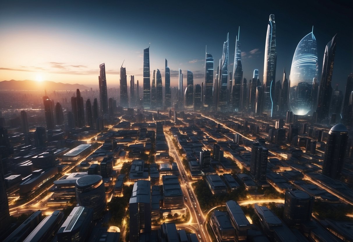 A bustling futuristic city skyline with advanced technology and automated work processes, showcasing the resilience and evolution of the job market in 2024