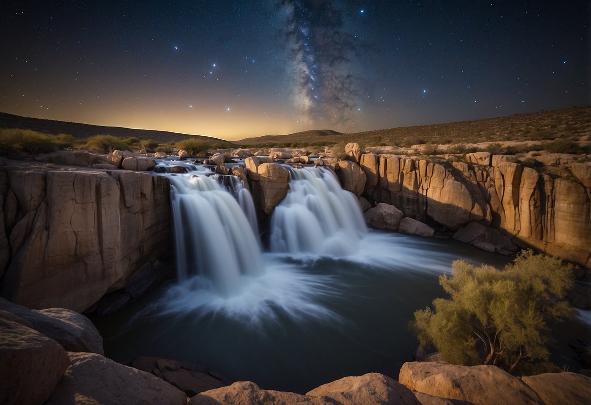 The majestic Augrabies Falls cascades under a starry African sky, a prime spot for stargazing in South Africa
