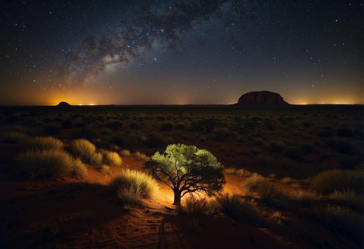 The vast expanse of the African savanna stretches out beneath a night sky filled with thousands of twinkling stars, with the iconic rock formations of Kata Tjuta silhouetted against the horizon