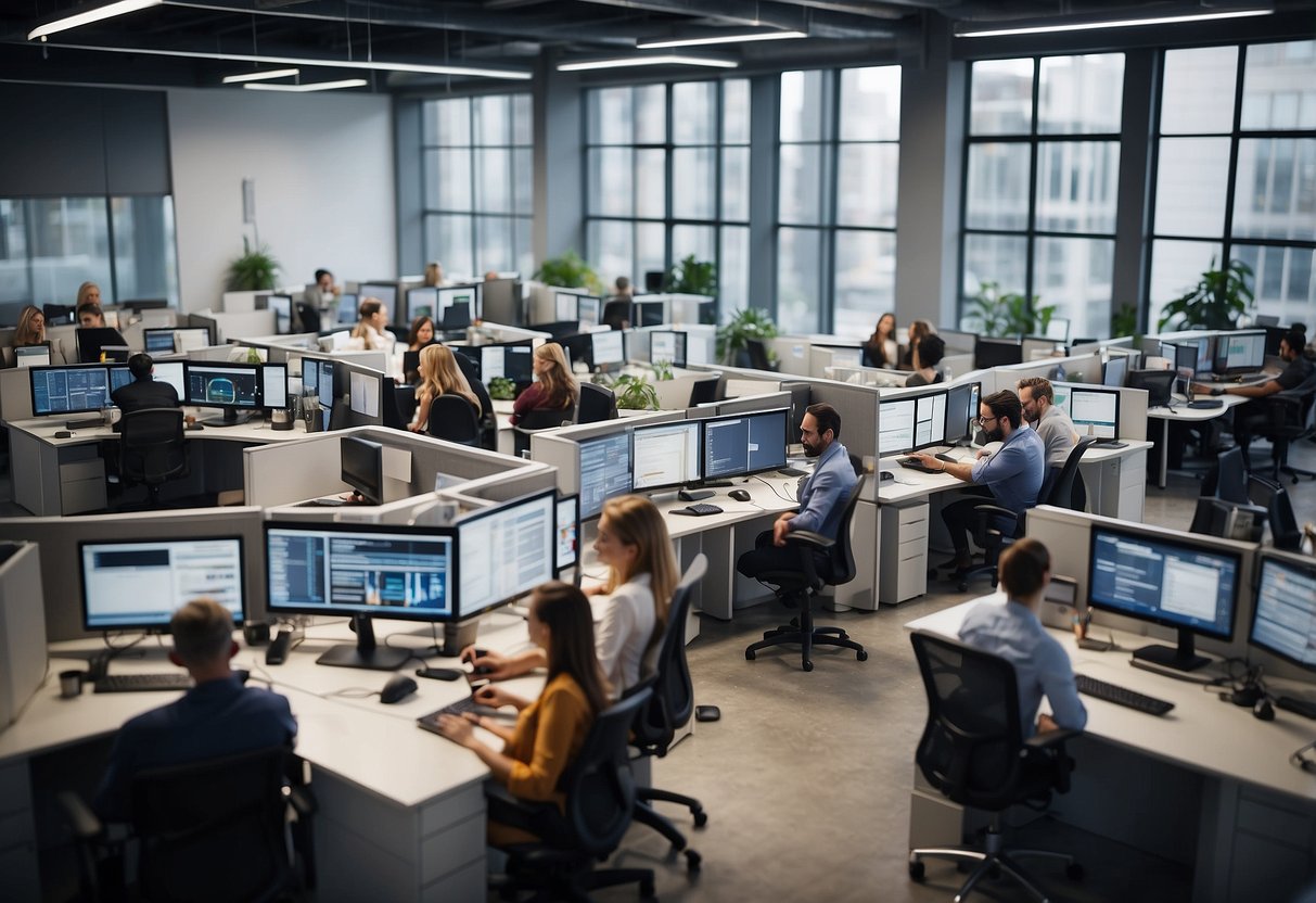 A bustling office with diverse employees, each engaged in different tasks. A digital screen shows job trends and salary development for 2024