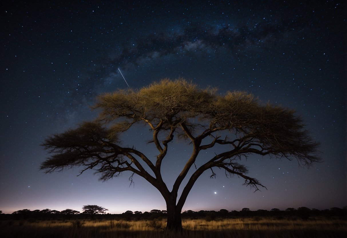 The vast expanse of Kruger National Park at night, with a clear sky filled with twinkling stars and a silhouette of the African landscape