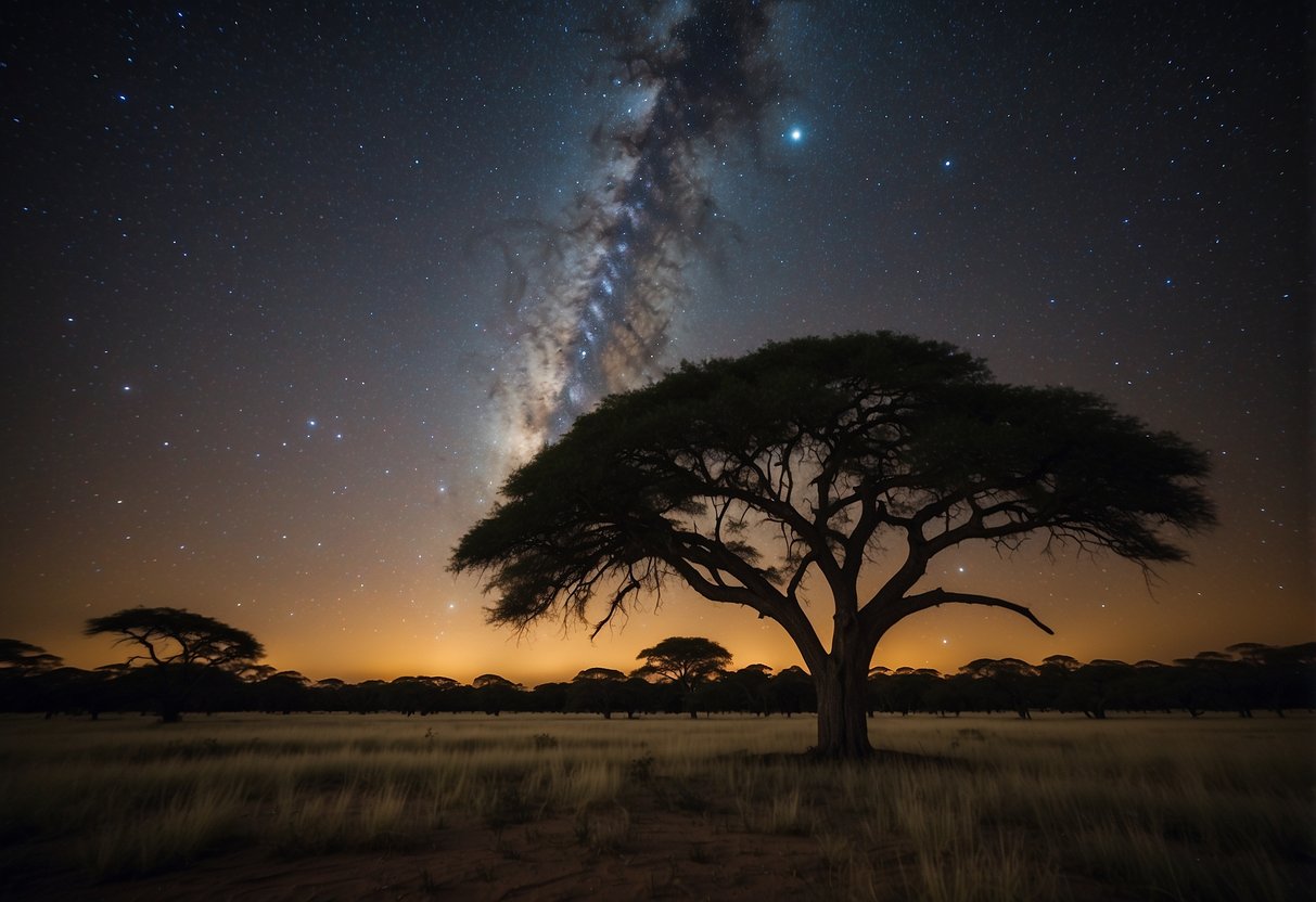A clear night sky over Hwange National Park, Zimbabwe, with twinkling stars and the Milky Way visible, creating a perfect stargazing location in Africa
