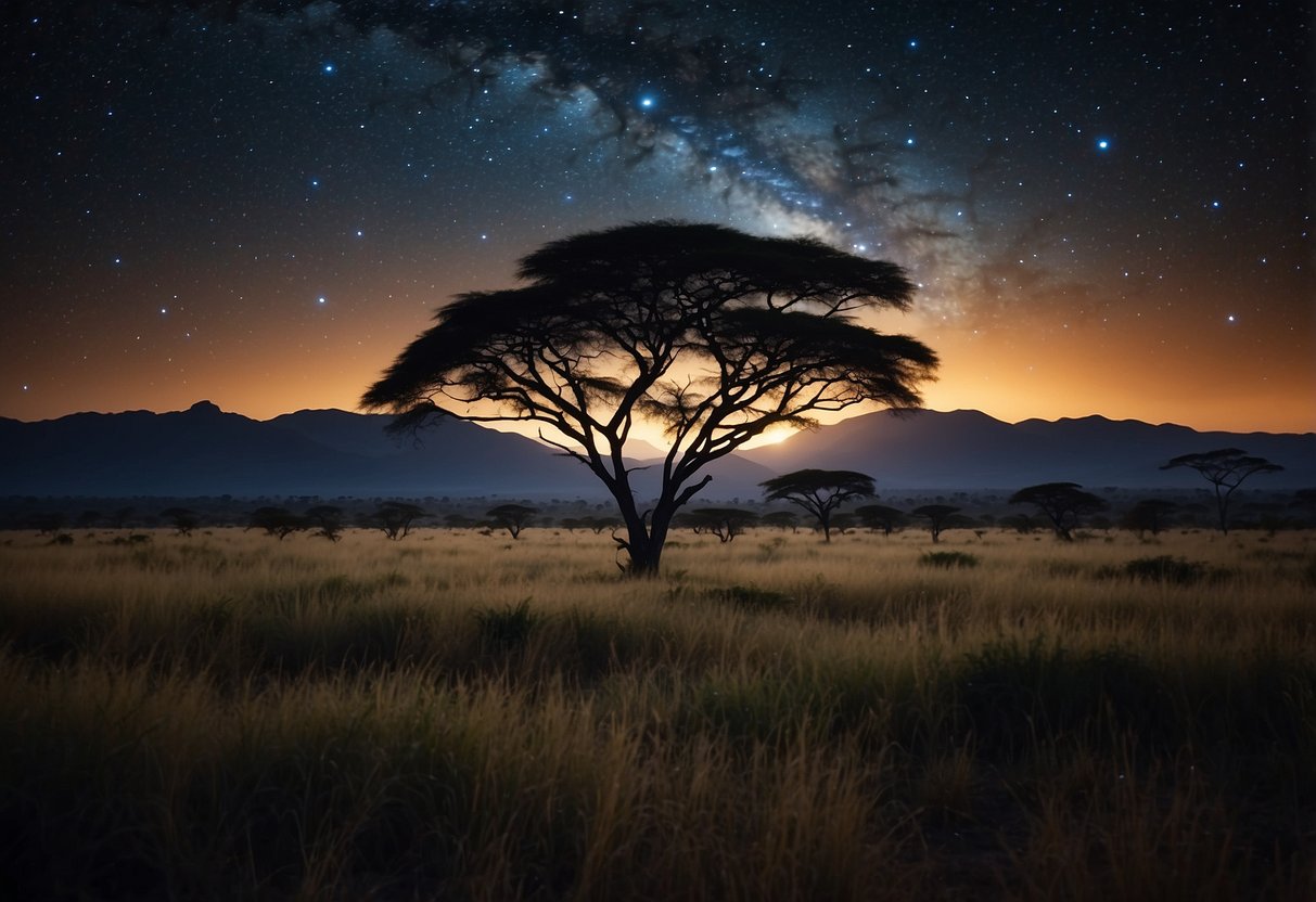 Vast African savanna with clear night sky, showcasing constellations and shooting stars. Silhouettes of acacia trees and distant mountains