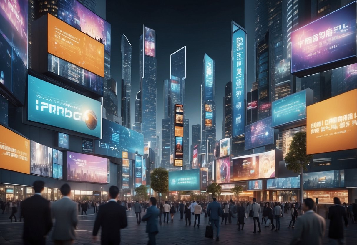 A bustling futuristic city with holographic billboards displaying "Frequently Asked Questions Job Trends in 2024" in multiple languages