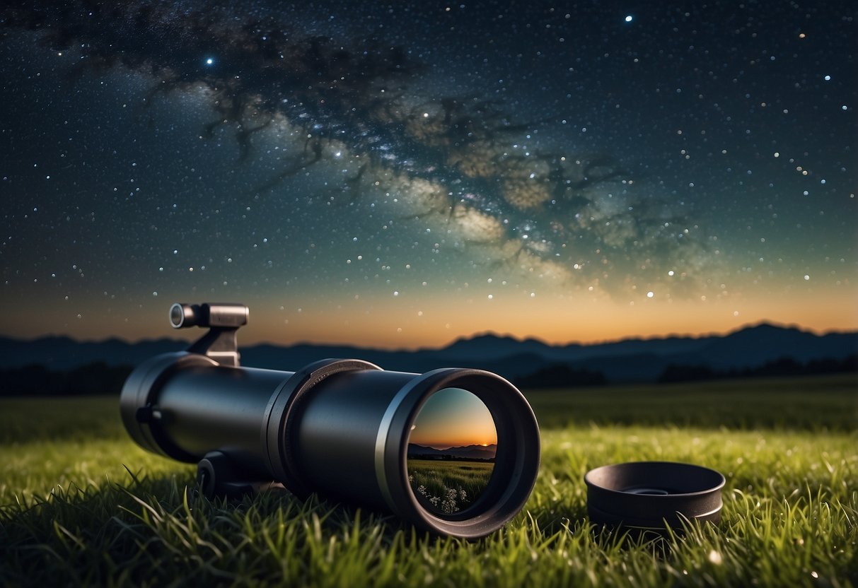 A telescope, binoculars, and a star map lay on a grassy field under a clear night sky. The Milky Way stretches across the heavens, with the silhouette of a mountain in the background