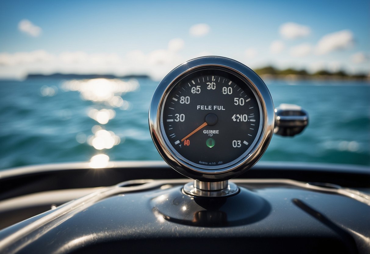A boat's fuel gauge reads low as it cruises on calm waters under a clear blue sky, reminding the captain to keep an eye on fuel levels