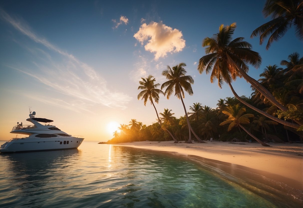 Crystal clear waters surround a tropical island with palm trees, as a sleek yacht cruises towards the horizon. A colorful sunset paints the sky, reflecting off the tranquil sea