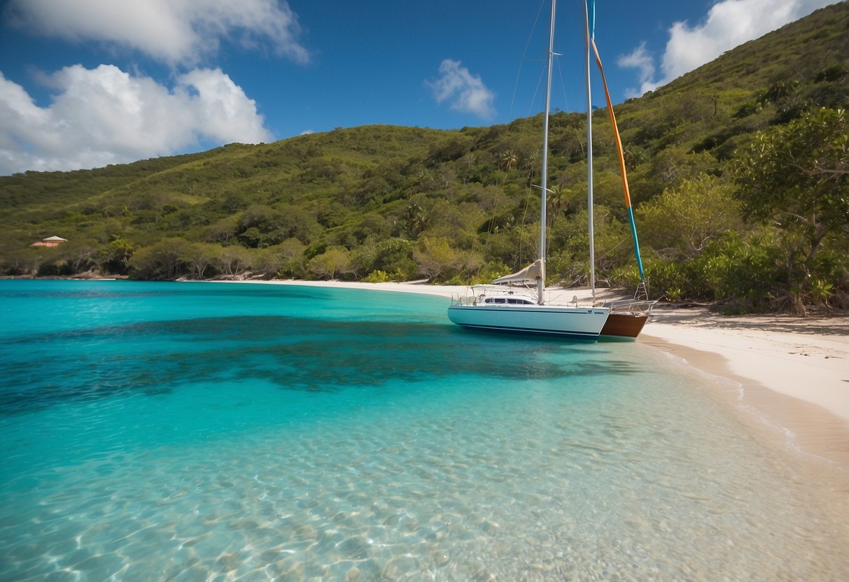 Azure waters gently lap against the pristine white sand beach of Antigua. A colorful sailboat glides across the crystal-clear water, surrounded by lush greenery and a clear blue sky