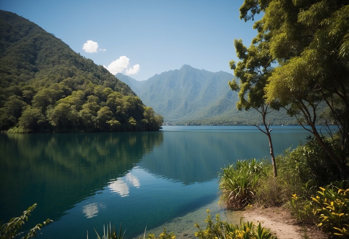 A serene lake surrounded by lush greenery, with a clear blue sky and gentle breeze, perfect for boating. Mountains or tropical islands in the distance