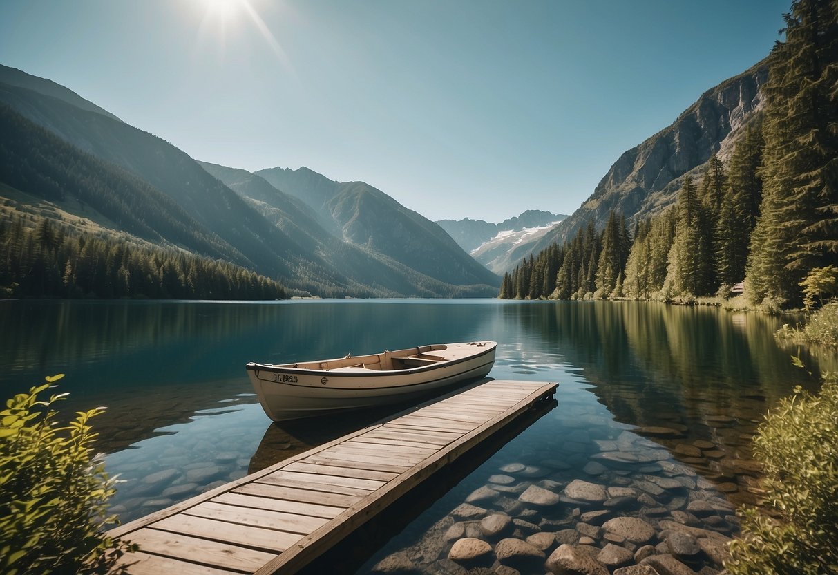 A tranquil lake surrounded by lush green mountains, with a dock and boats ready for adventure. Sunlight glistens on the water, creating a peaceful and inviting atmosphere for boating enthusiasts