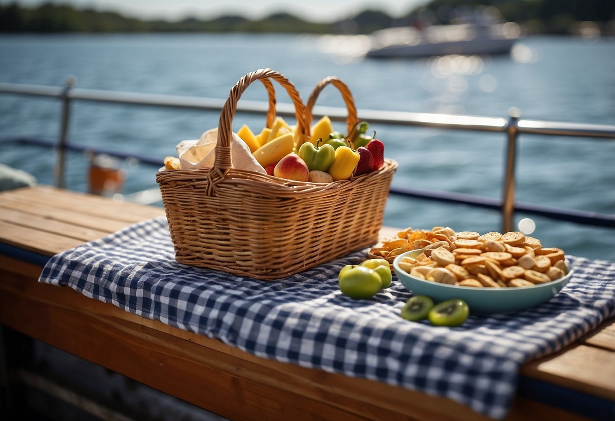 A picnic basket filled with assorted snacks sits on the deck of a boat. The sun is shining, and the water glistens in the background