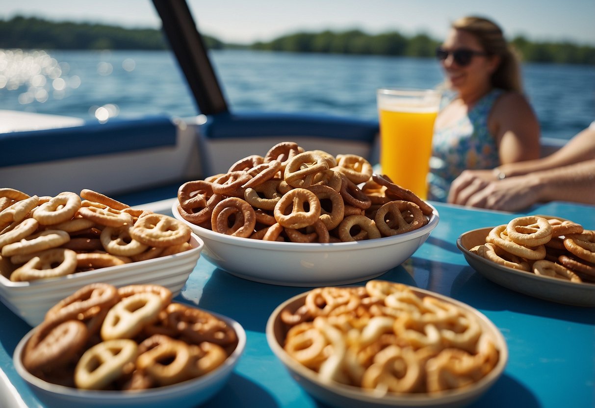 A sunny day on a boat, with a cooler filled with Snyder's Hanover Pretzel Pieces and other snacks. The pretzel pieces are being enjoyed by a group of friends as they relax on the water