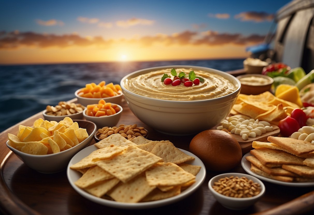 A spread of Sabra Classic Hummus surrounded by 10 different snacks on a boat, with waves in the background