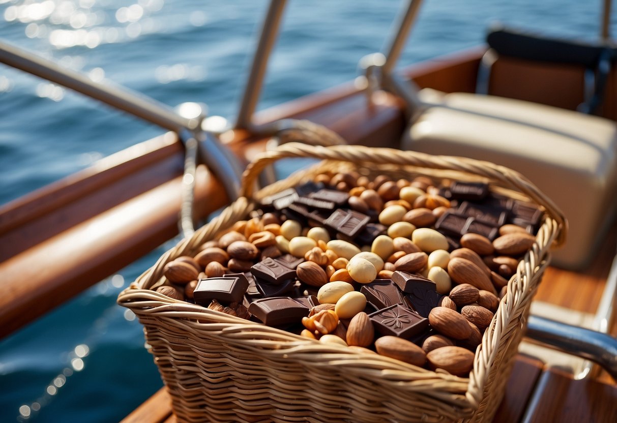 A variety of snacks, including Kind Dark Chocolate Nuts & Sea Salt bars, are neatly arranged in a wicker basket on the deck of a boat, with the sparkling water in the background