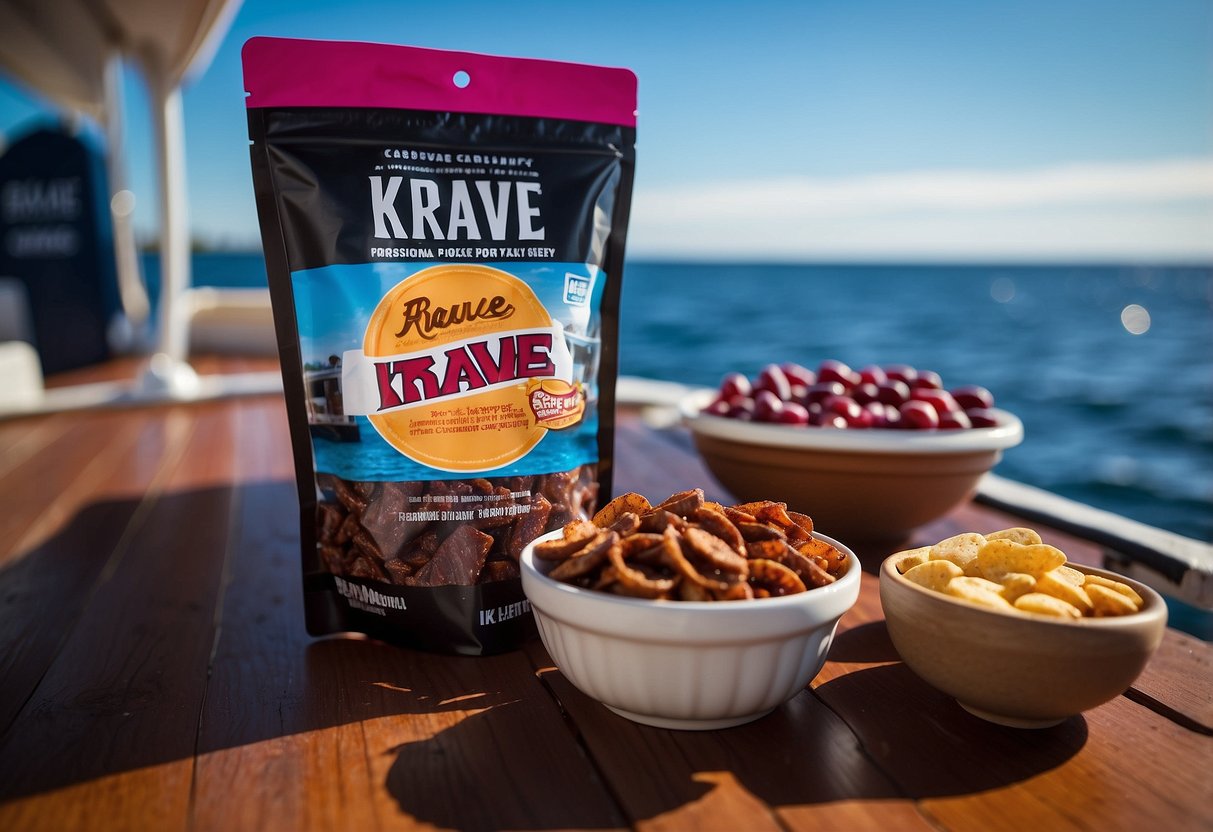 A bag of Krave Black Cherry BBQ Pork Jerky sits among 10 assorted snacks on a boat deck, with the water and blue sky in the background