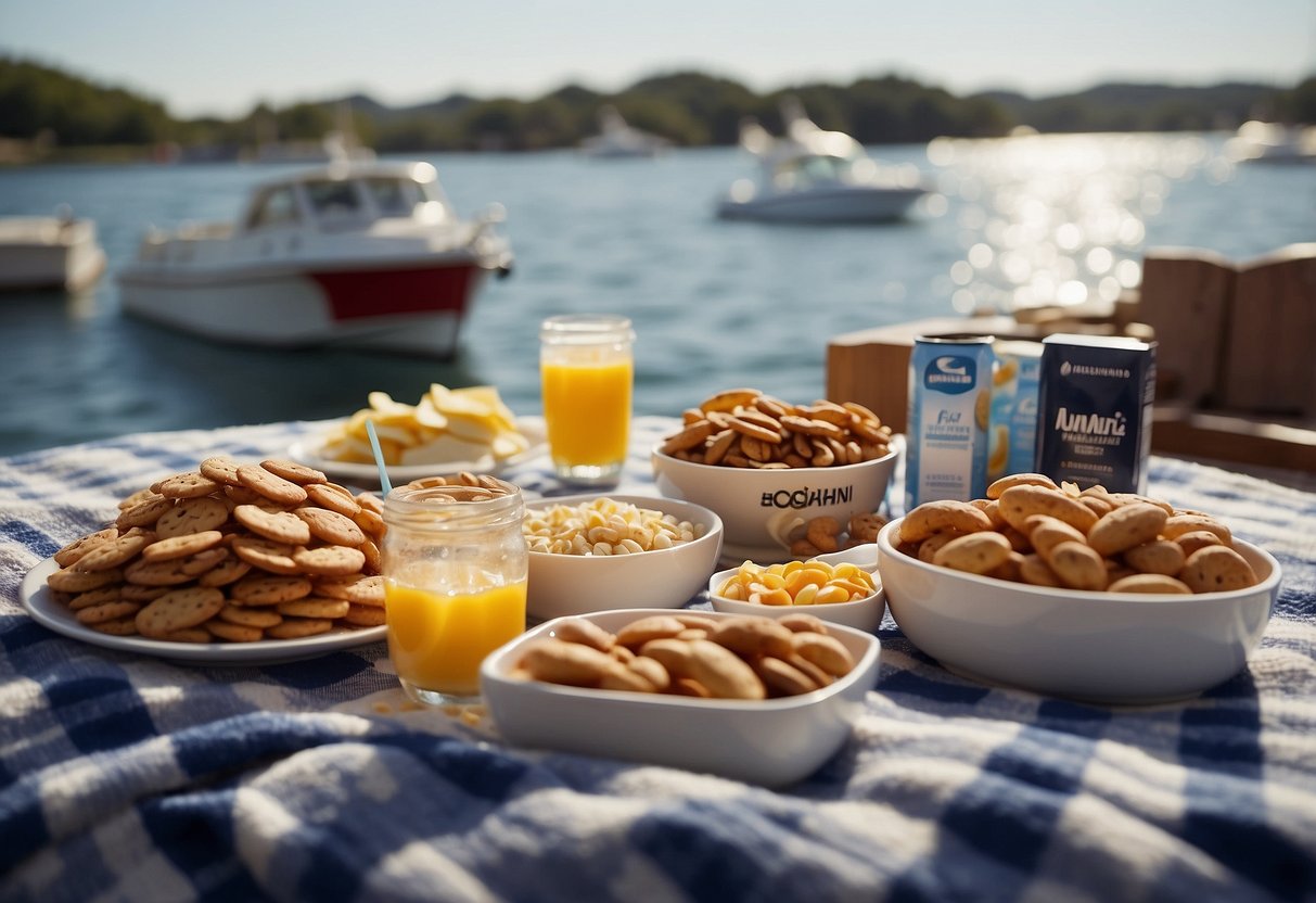 A sunny day on a boat, with a picnic spread of Chobani Flip Almond Coco Loco and other snacks laid out on a checkered blanket. The water is calm, and seagulls circle overhead