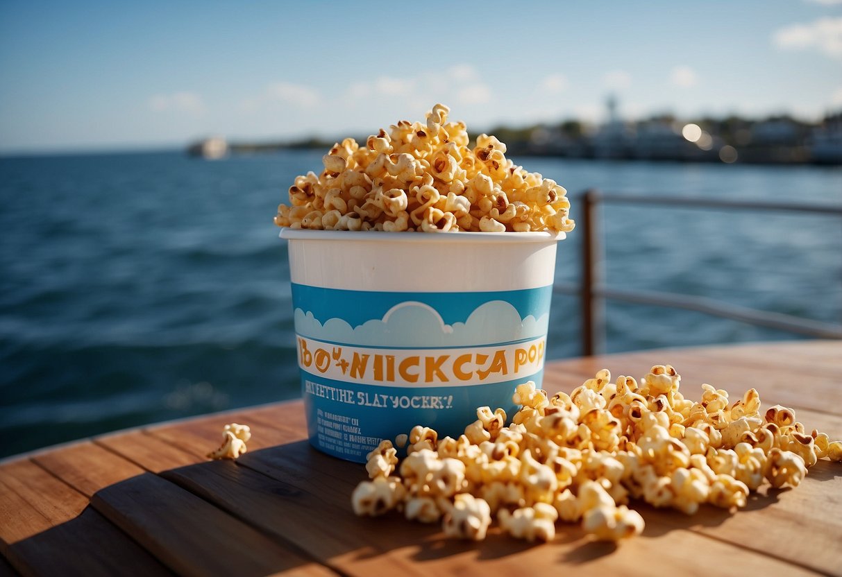 A bag of Boomchickapop Sweet & Salty Kettle Corn sits on a boat deck surrounded by other snacks. Waves and blue sky in the background