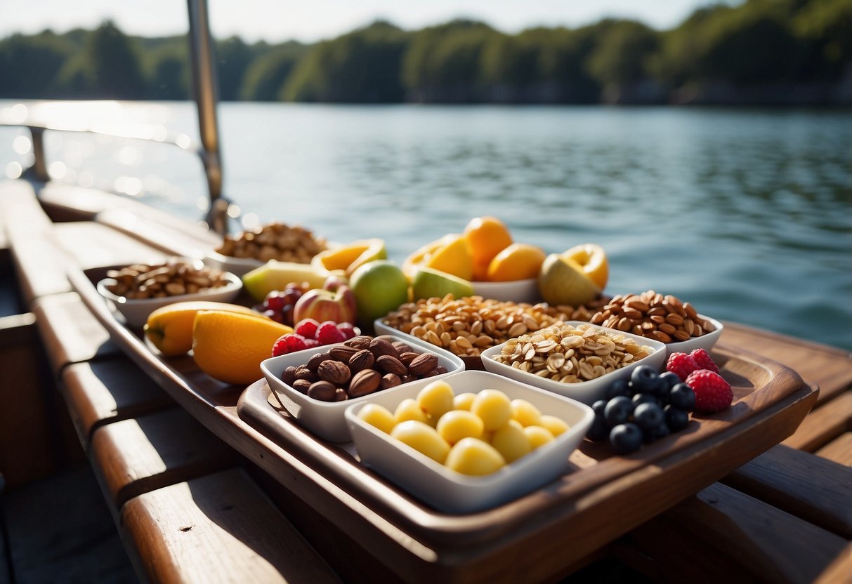 A spread of healthy snacks arranged on a boat deck, with fruits, nuts, and granola bars. The sun is shining, water is glistening, and the snacks are inviting