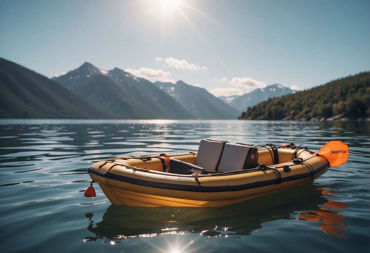 A small boat on calm water, life jacket and emergency kit on board. Clear sky, sun shining. Boat equipped with navigation and communication devices