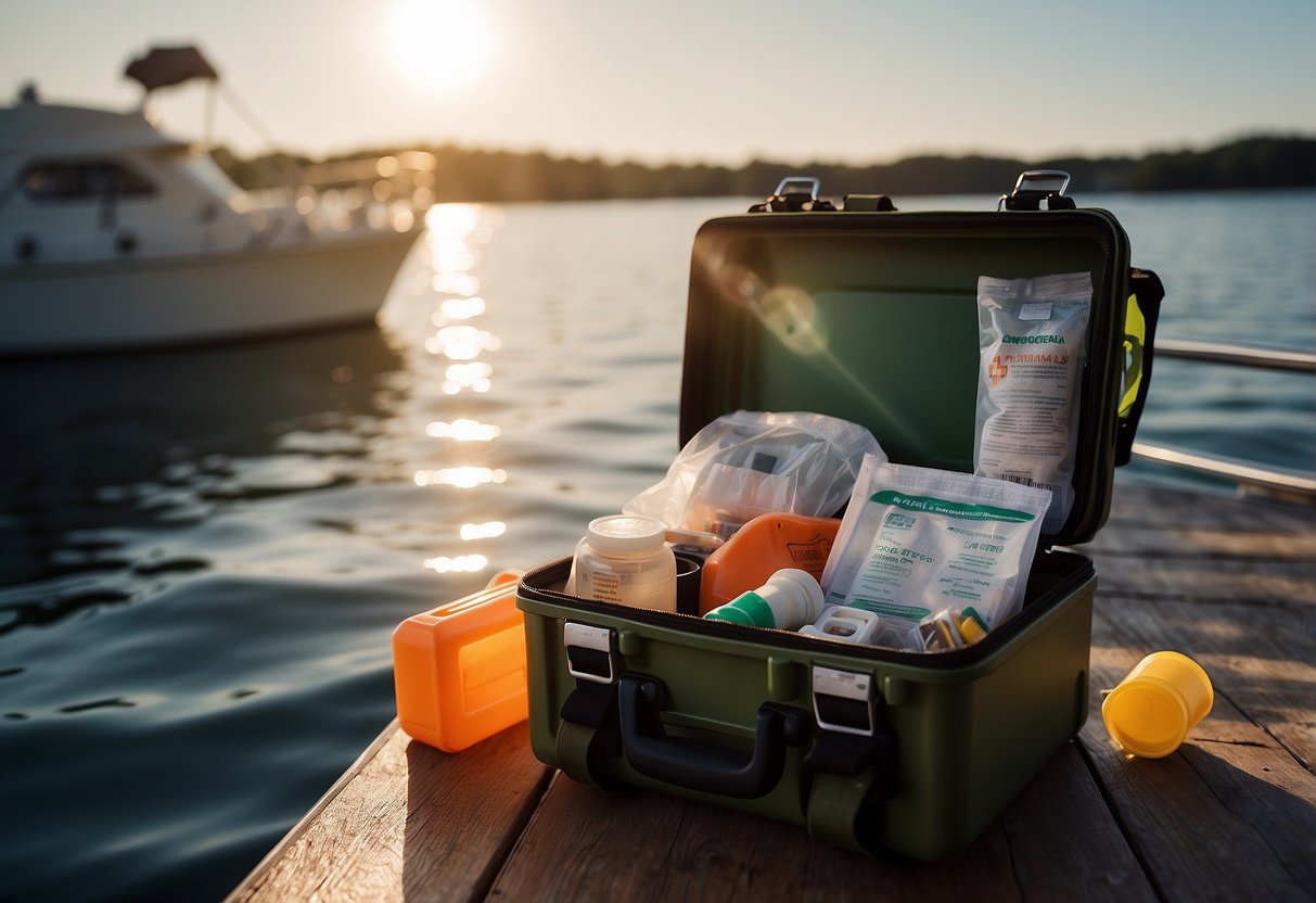 A first-aid kit sits on a boat deck, next to a life jacket and paddle. The sun shines on the calm water, with a distant shoreline in the background