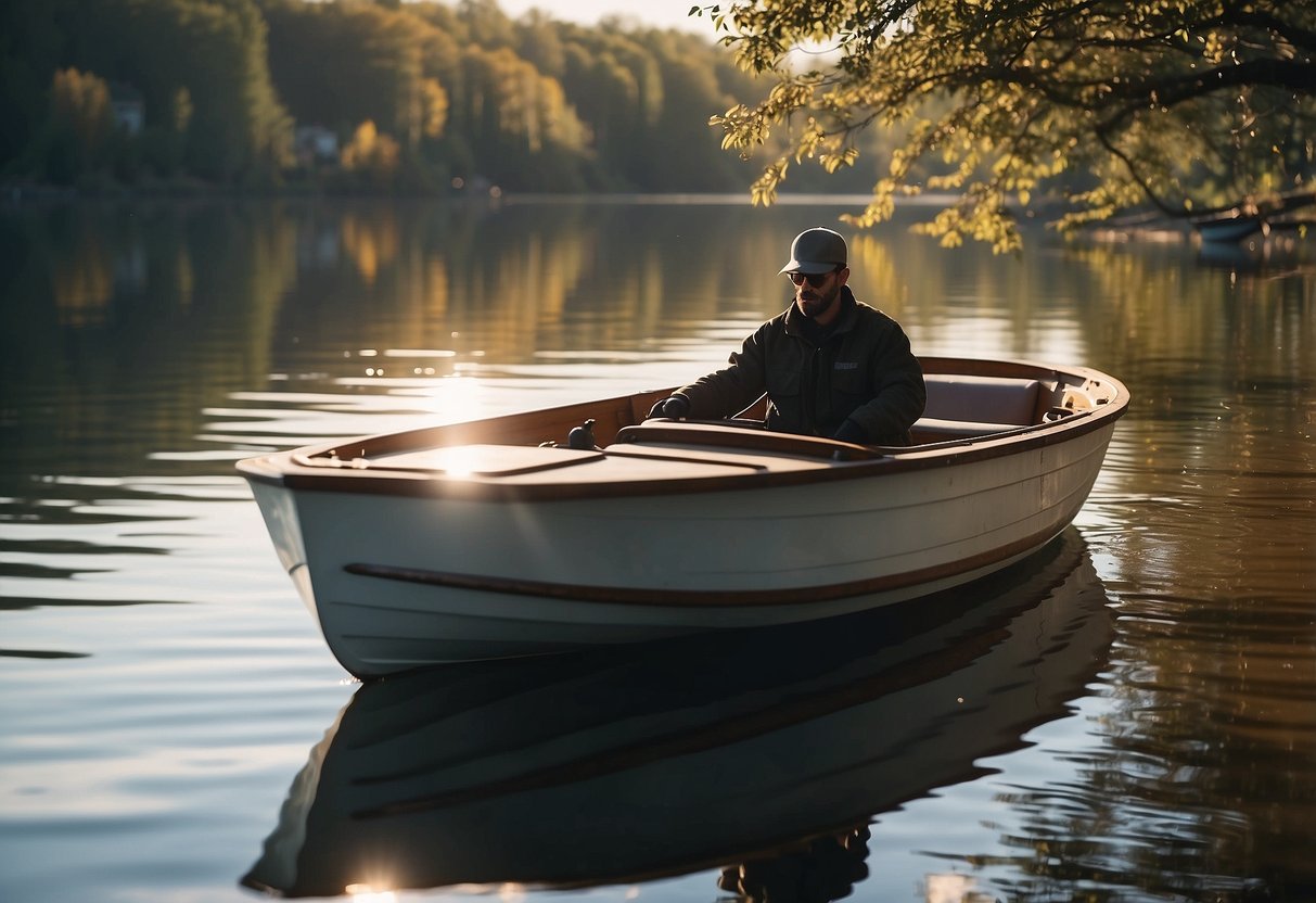 A boat floating on calm water, with a person inspecting the engine and safety equipment. The sun is shining, and the surroundings are peaceful