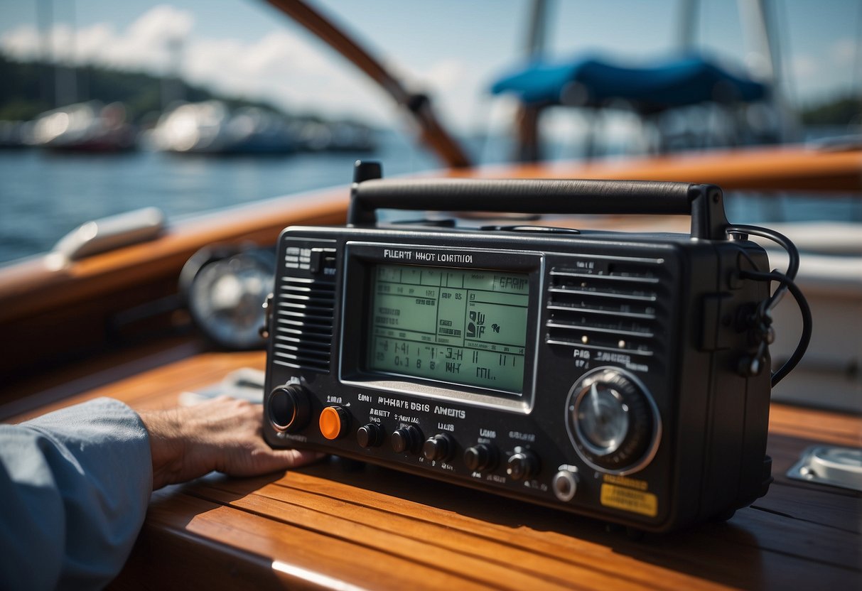 A person holding a VHF radio, surrounded by safety equipment and a boat, with a list of 8 safety tips displayed nearby