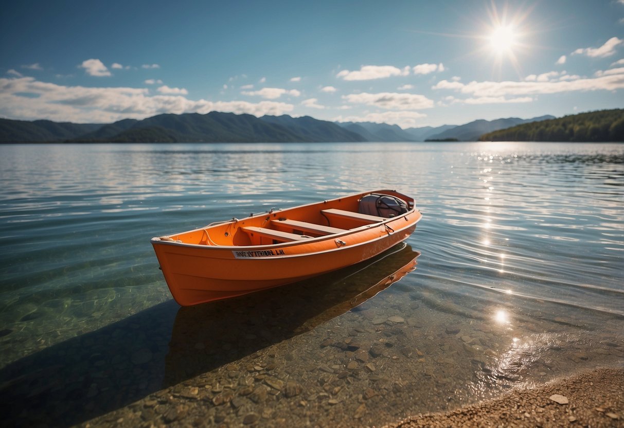 A lone boat floats on calm waters, equipped with emergency supplies. A bright orange life jacket is visible nearby. The sky is clear, and the sun is shining, creating a peaceful and serene atmosphere