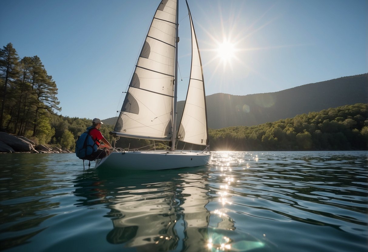 A sailboat glides across a crystal-clear lake, powered by the wind. Solar panels line the deck, providing renewable energy. Recycling bins are visible on board, and a marine biologist carefully releases a rescued sea turtle back into the water
