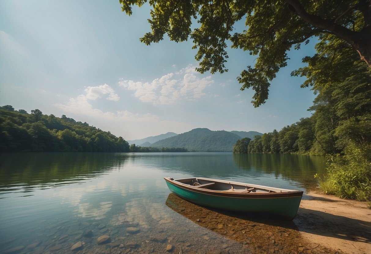 A serene lake with clear water and a boat sailing peacefully, surrounded by lush greenery and wildlife. No signs of pollution or waste in sight, showcasing a commitment to eco-friendly boating
