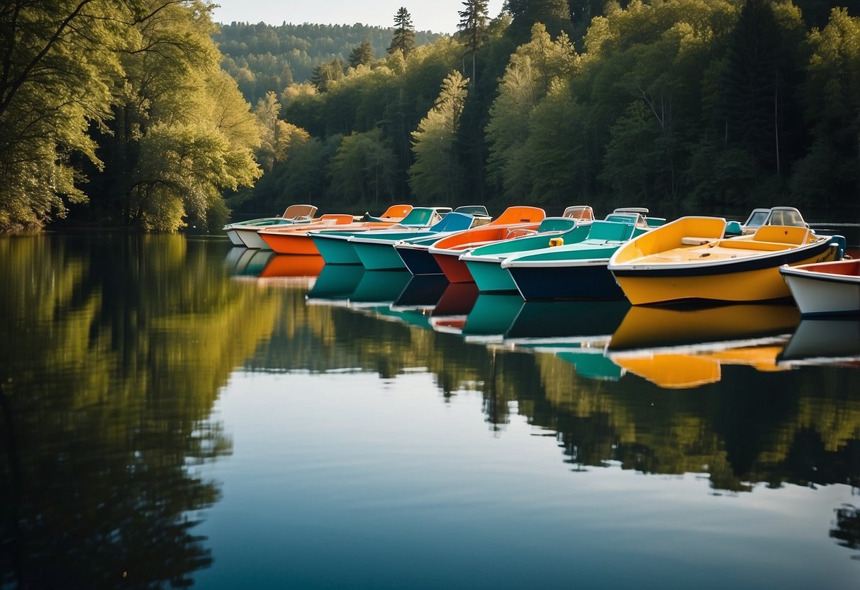 Colorful boats line the calm waters of a serene lake, surrounded by lush green trees and a clear blue sky. Each boat is equipped with basic features for beginners, creating a picturesque and inviting scene for new boaters