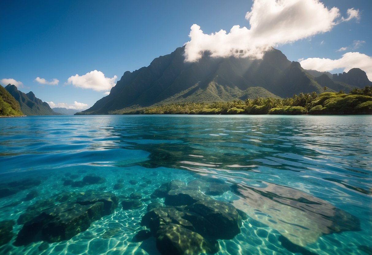 A small boat sails through the crystal-clear waters of Tahiti, with lush green mountains in the background and a bright blue sky above