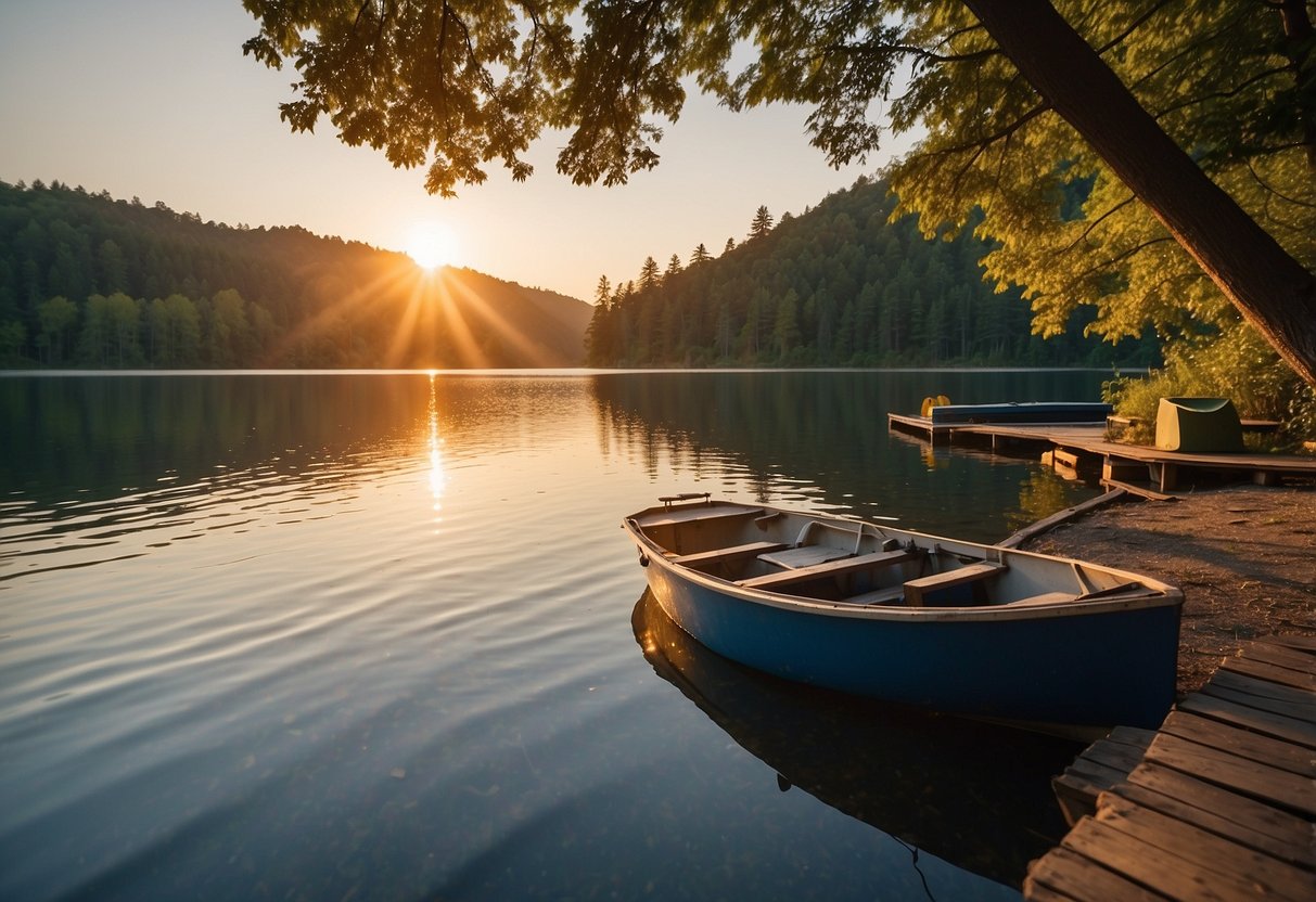 The sun sets over a calm, blue lake surrounded by lush green trees. A boat is anchored near the shore, with camping gear and supplies neatly organized on deck