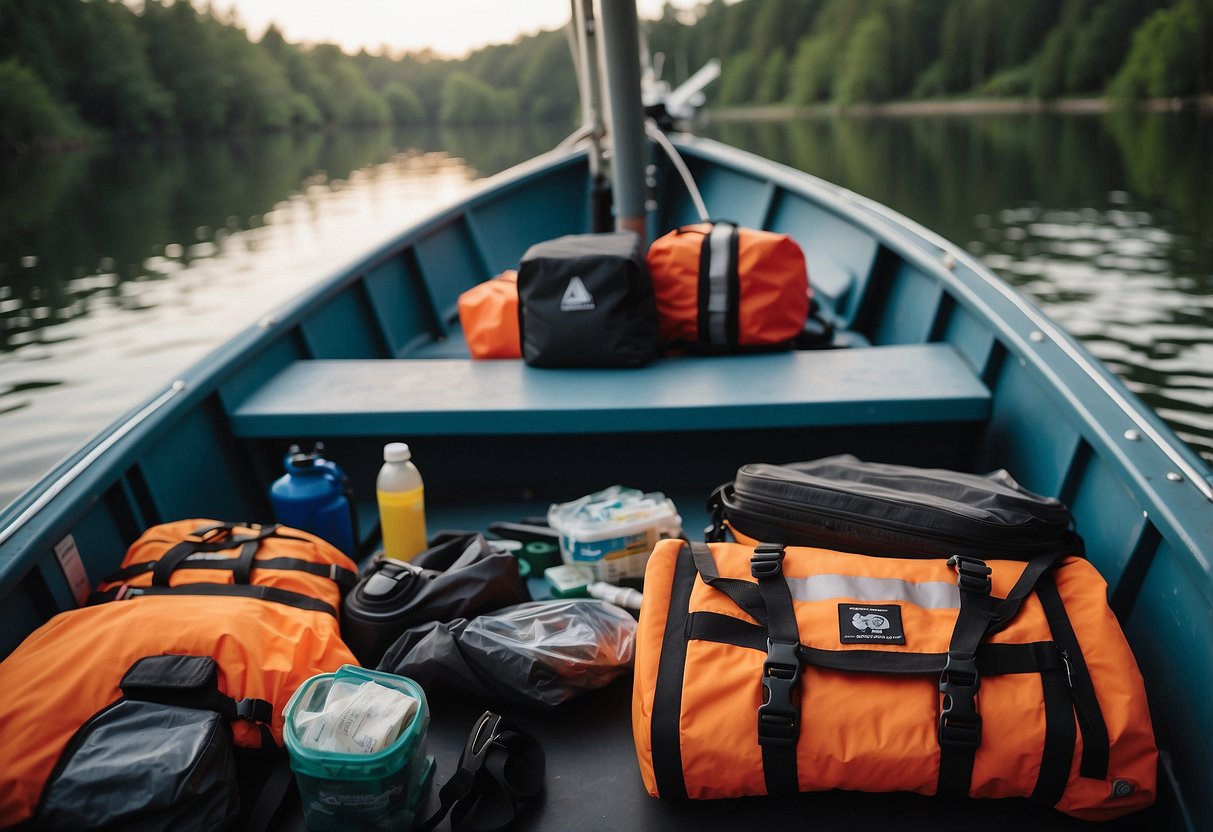 A boat loaded with safety gear, including life jackets, first aid kit, and emergency supplies, sits ready for a multi-day trip