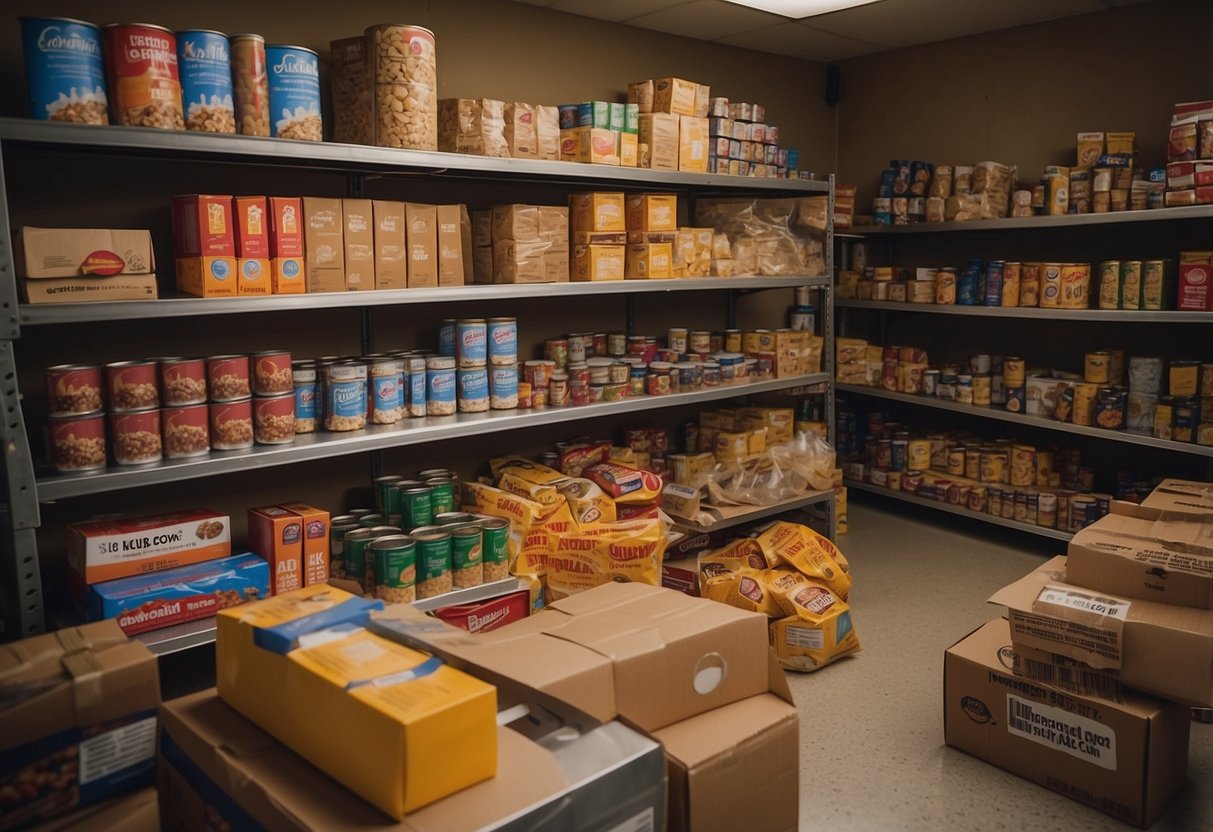 Shelves filled with canned goods, boxes of granola bars, and bags of dried fruit. A checklist with items crossed off. Map and compass on a table