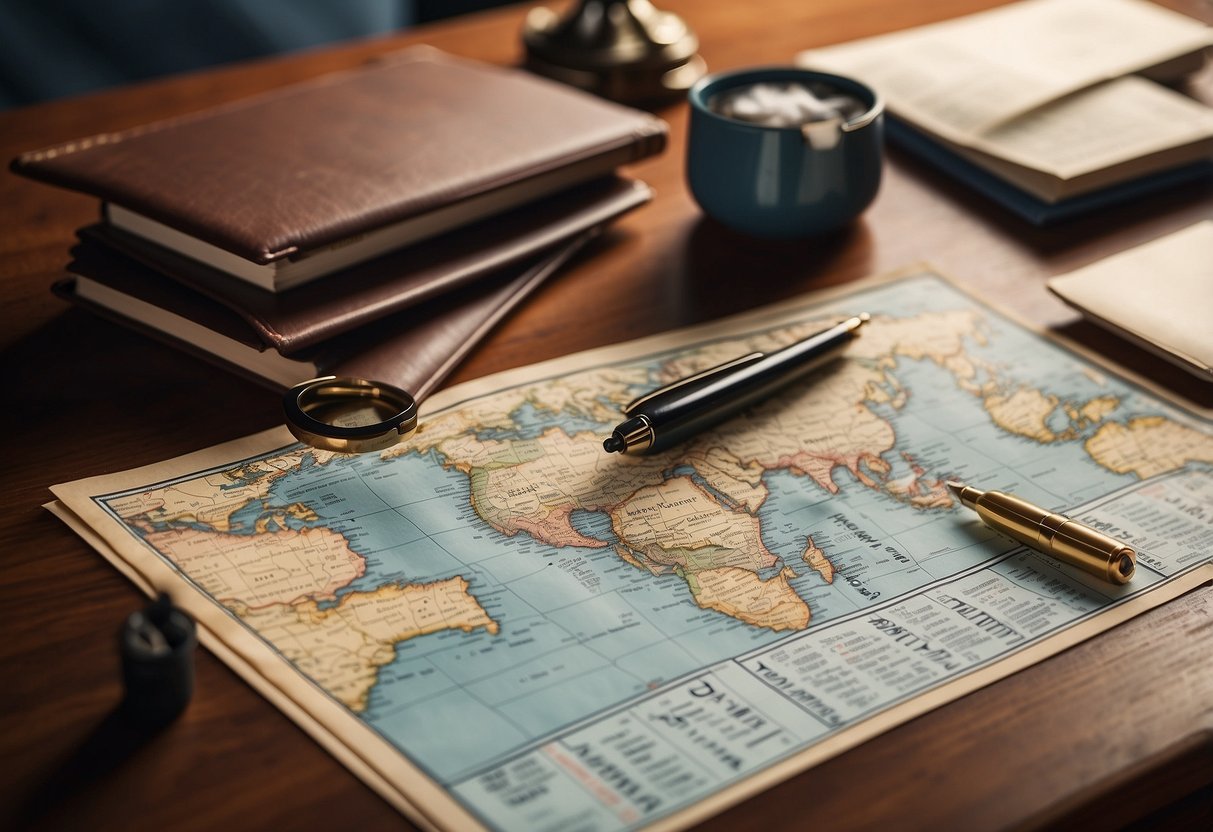 A desk cluttered with nautical charts, a checklist, and a calendar. A pen hovers over a blank form labeled "Boating Trip Itinerary."