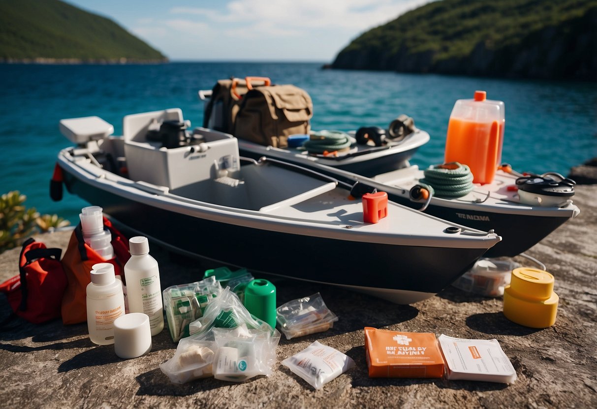 A boat stocked with emergency supplies, including first aid kit, flares, and communication devices, anchored near a remote island