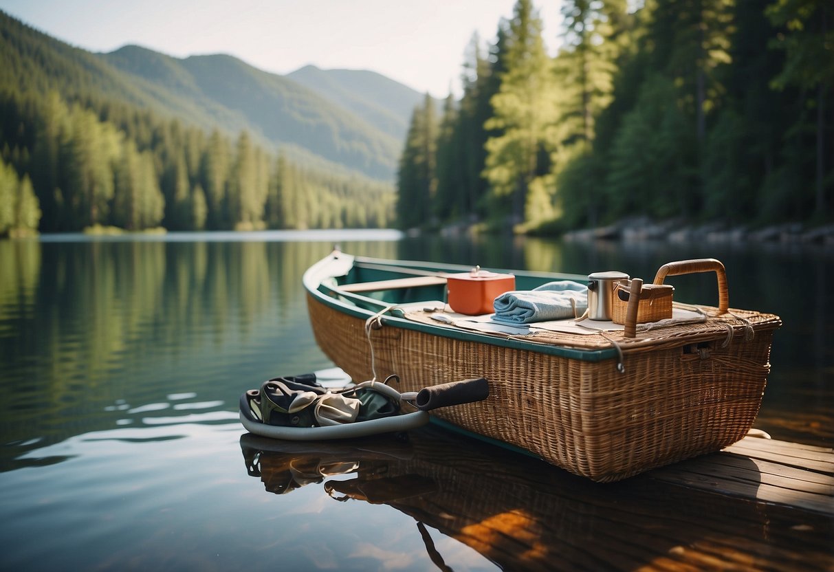 A boat docked at a serene lake, surrounded by lush greenery. A picnic basket, fishing rods, and a map lay on the deck, while a cooler and camping gear are stowed away