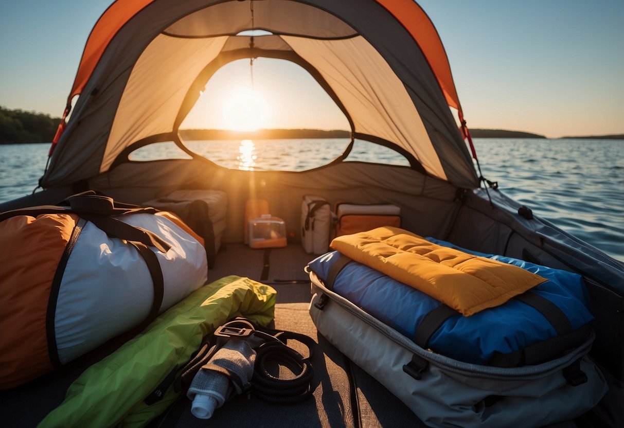 A boat loaded with supplies: cooler, life jackets, maps, and a first aid kit. A tent and sleeping bags stowed away. The sun sets over the calm water