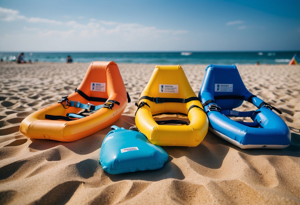 Bright, sunny beach with 5 colorful life jackets laid out on the sand. Clear blue water and a lifeguard tower in the background