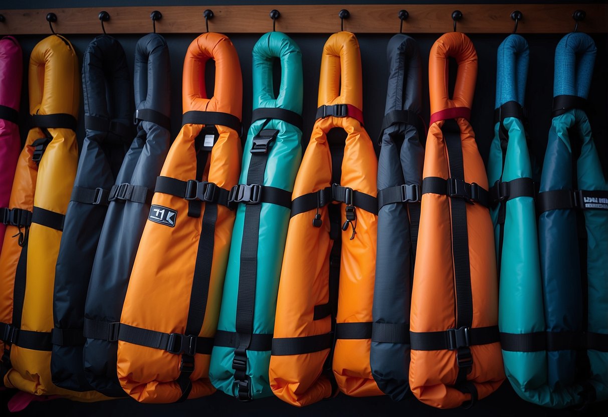 A woman's life jacket hangs on a hook, with adjustable straps and bright colors, ready for use on the water