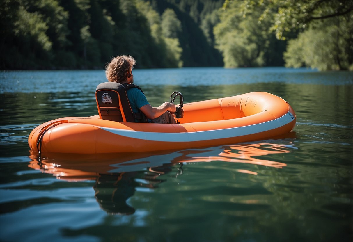 A bright orange Astral E-Ronny PFD floats on calm water, surrounded by lush green trees and a clear blue sky